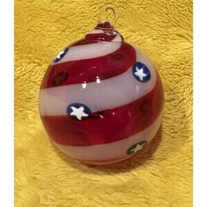 Vtg Glass Eye Studios ornament hand blown red swirl Blue Stars 4" art St Helens